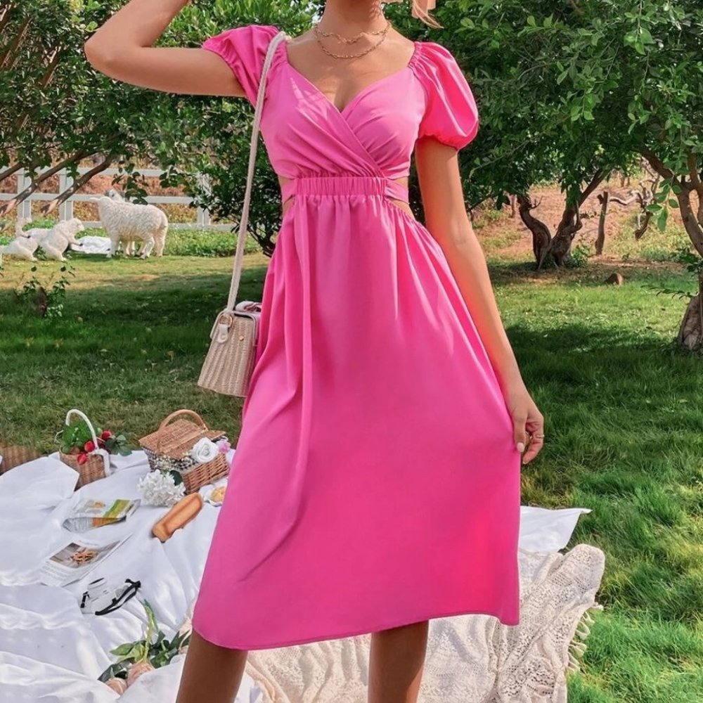 Pink Puff Sleeve Cut Out Waist Dress - Picture 2 of 6